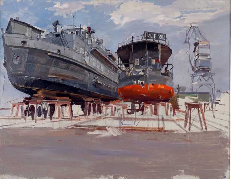 Refurbishment of cargo ship Leningrad 1967 oil on canvas 80x102